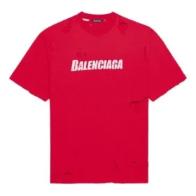 Balenciaga-herre-T-skjorte med alfabetmønster, hull, rund hals og korte ermer – rød 651795TKVB86295 Balenciaga-herre-T-skjorte med alfabetmønster, hull, rund hals og korte ermer – rød 651795TKVB86295