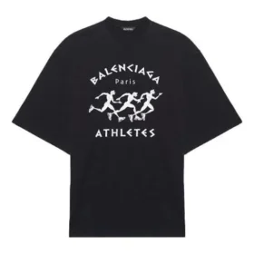 Balenciaga løpetrøye for menn med mønstertrykk og logo, løs passform, korte ermer, svart 641614TJVK61070 Balenciaga løpetrøye for menn med mønstertrykk og logo, løs passform, korte ermer, svart 641614TJVK61070