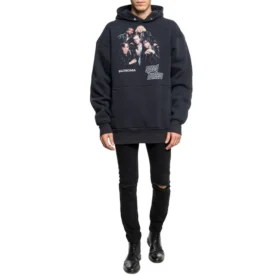 Balenciaga Speedhunters Boysband-trykk, hette, lange ermer, marineblå, 541873TCV371055