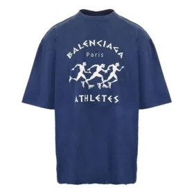 Balenciaga SS21 løpetrøye for menn med mønstertrykk og logo, løs passform, kort ermet, blå 641614TJVK64866