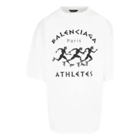 Balenciaga SS21 maraton-løpetrøye for menn med mønstertrykk og logo, kort ermet, hvit 641614TJVK69040