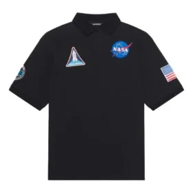 Balenciaga x NASA Crossover FW21 romfartsmønstret bomullspique-skjorte i ensfarget svart for menn 662493TKVG11070