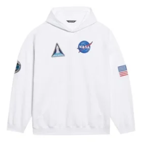 Balenciaga x NASA FW21 Crossover Logo bomullsklassiker med hette og løse lange ermer for menn, hvit 651799TKVD89040 Balenciaga x NASA FW21 Crossover Logo bomullsklassiker med hette og løse lange ermer for menn, hvit 651799TKVD89040