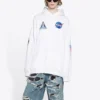 Balenciaga x NASA FW21 Crossover Logo bomullsklassiker med hette og løse lange ermer for menn, hvit 651799TKVD89040