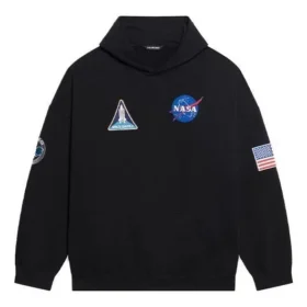 Balenciaga x NASA FW21 Crossover Logo Cotton Classic med hette, løs passform og lange ermer for menn, svart 651799TKVD81070 Balenciaga x NASA FW21 Crossover Logo Cotton Classic med hette, løs passform og lange ermer for menn, svart 651799TKVD81070