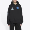 Balenciaga x NASA FW21 Crossover Logo Cotton Classic med hette, løs passform og lange ermer for menn, svart 651799TKVD81070