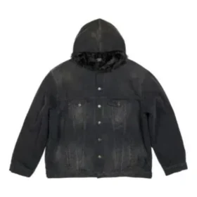 Denim-jakke med hette og knapper, bleket effekt «Black» 724653TNW541129