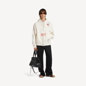 Oversized herre-hettegenser med glidelås i kremfarge Oversized herre-hettegenser med glidelås i kremfarge