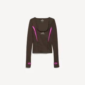 Tettsittende langermet techwear-top for kvinner i khakibrun/neonrosa